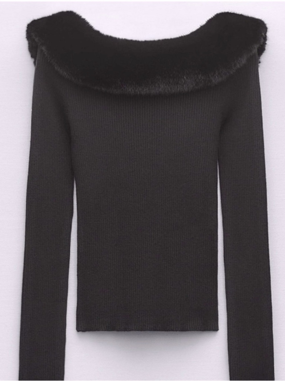 Zara Black Off-the-Shoulder Faux Fur Trim Sweater
